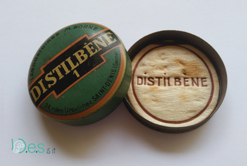 <p>Blue Distilbène medicine box. Each tablet contain 1 mg diethylstilbestrol by M Borne laboratories France.</p>