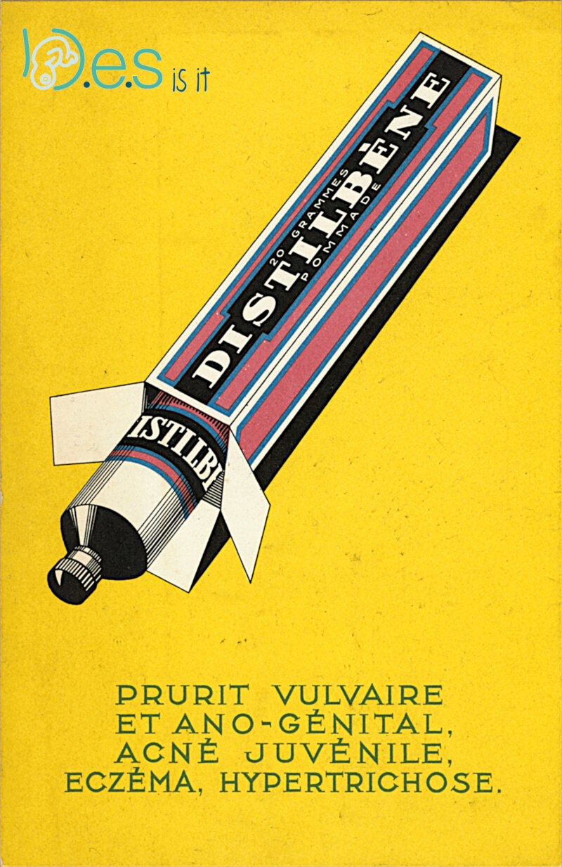 <p>Buvard publicitaire pour une pommade Distilbène (diethylstilbestrol) contre le prurit vulvaire et ano-génital, l'acné juvénile, l'eczéma, l'hypertrichose, par les laboratoires M Borne. (recto).</p>