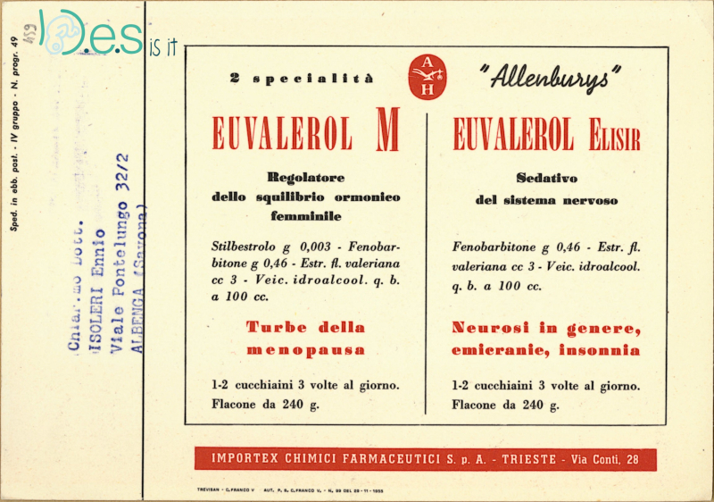 <p>Italian Pharmaceutical Blotter for Euvalerol M diethylstilbestrol « Menopause peace and serenity » (back).</p>
