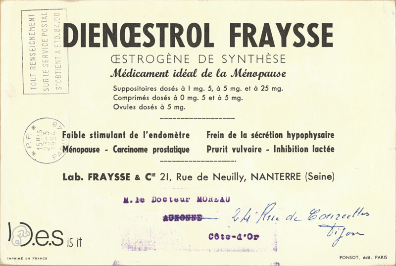 <p>Pharmaceutical Blotter - Dienestrol - Nonsteroidal estrogen - Fraysse laboratory « Stormy Weather of Menopause » - Illustration by Albert Dubout - 1950s - Format 14x21 (back).</p>