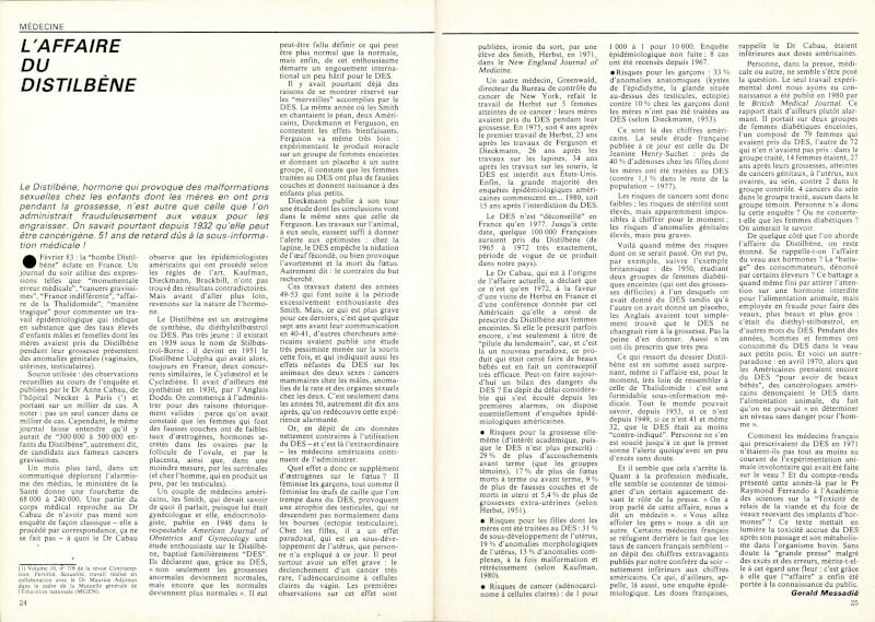 L'affaire du Distilbène article écrit par Gerald Messadié et paru dans le magazine Science&Vie n°787 d'avril 1983.