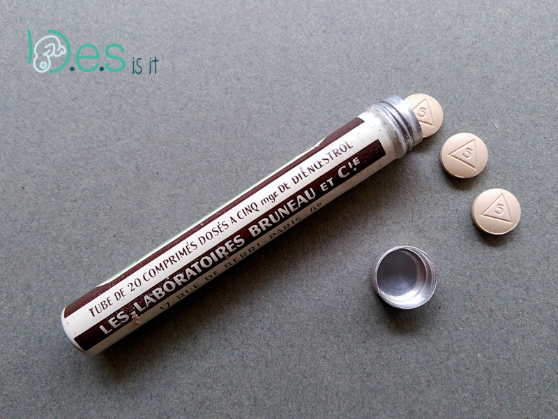 Tube of 20 tablets. Each tablet contain 5 mg dienestrol, Nonsteroidal estrogen related to DES - Bruneau and Cie laboratories (back)