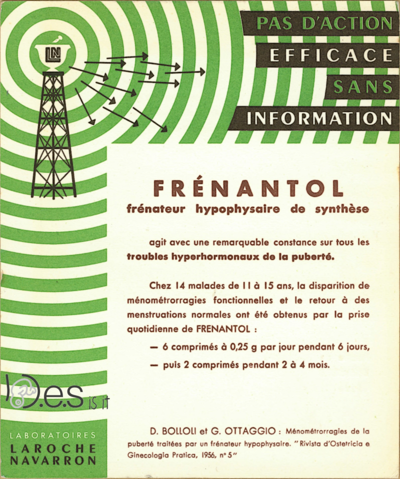 Buvard pharmaceutique - Frénantol Paroxypropione - précurseur chimique dans la synthèse du diéthylstilbestrol et du dienœstrol                            - Laboratoires Laroche-Navarron - 1958 (recto)