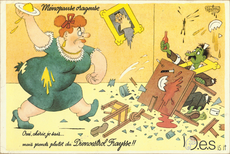 Pharmaceutical Blotter - Dienestrol - Nonsteroidal estrogen - Fraysse laboratory - Stormy Weather of Menopause -
                            Illustration by Albert Dubout - 1950s - 14x21 format (front)