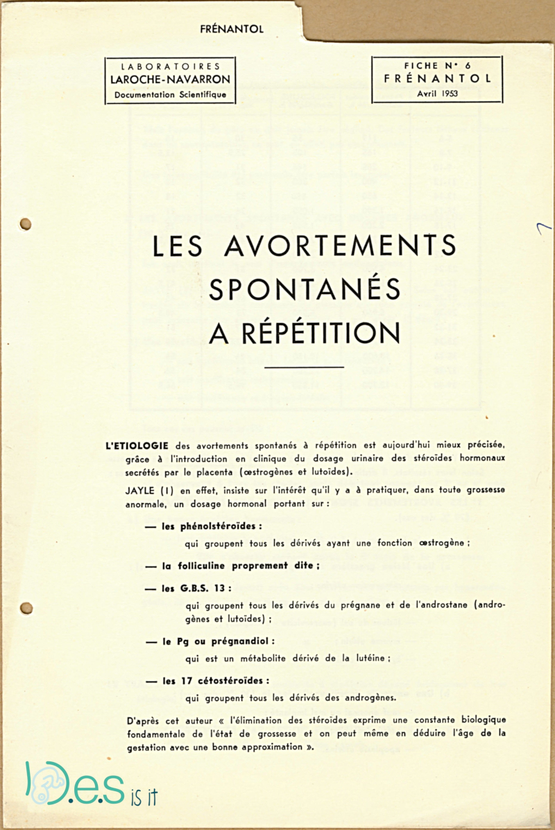 Fiche n°6 - Frénantol - Les avortements spontanés à répétition - 1953 - Laboratoires Laroche-Navarron