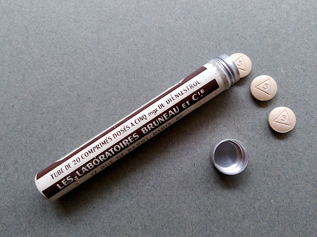 Box of Cycladiène® 5mgr, Tube of 20 dienœstrol tablets by Bruneau & C Laboratories, back