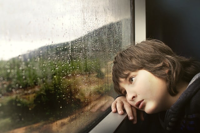 Petit garçon autiste Asperger qui regarde à travers la fenêtre - conséquences du Distilbène (ou D.E.S - diéthylstilbestrol)